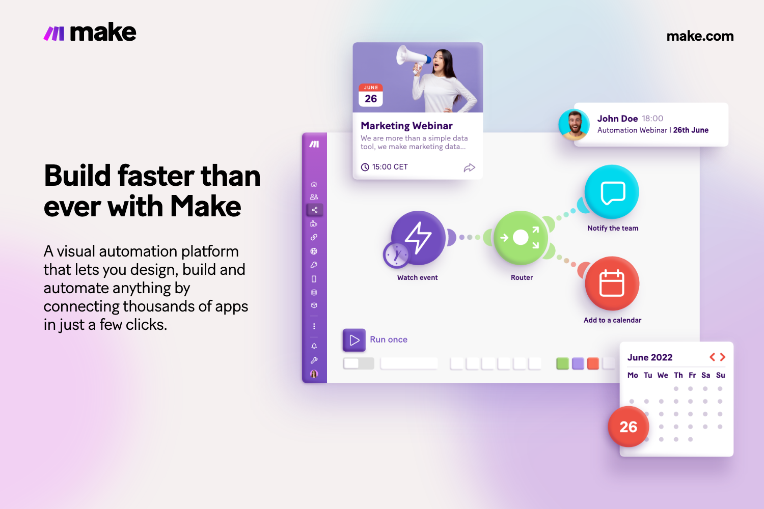 Een visuele voorstelling van Make.com, een platform voor workflowautomatisering. De afbeelding toont een geautomatiseerde workflow met kleurrijke knooppunten, waaronder "Notify the team" en "Add to a calendar", en een moderne interface.